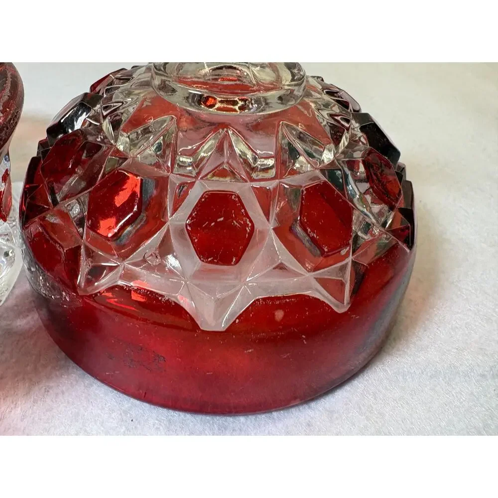 Ruby Stained Pressed Glass Covered Dish Vintage Two Handle Geometric Pattern